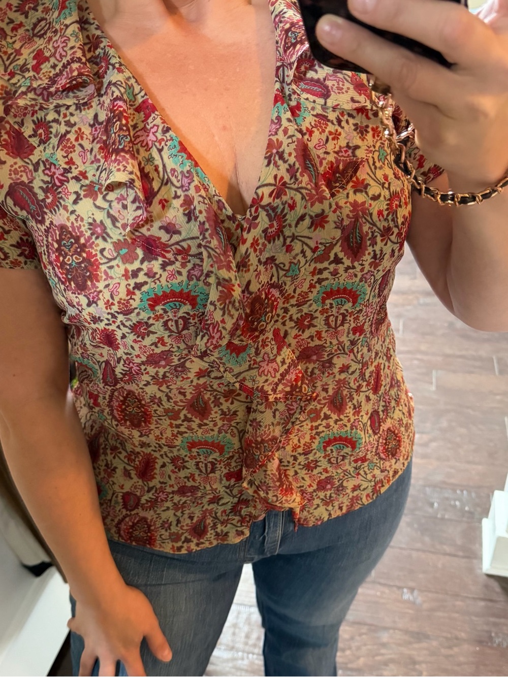 Y2K Pink and Teal Floral Paisley Ruffle Short-Sleeve Blouse
